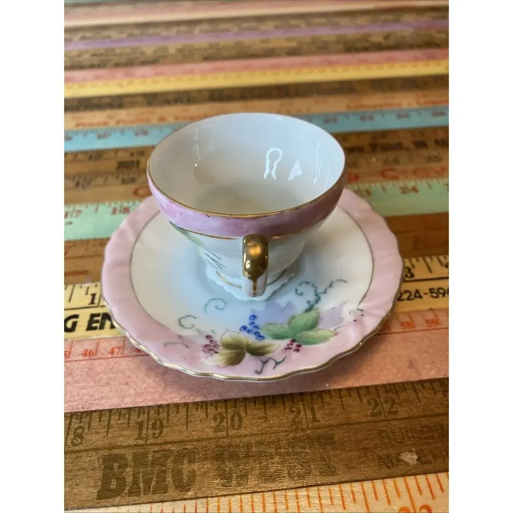 Fern Japan Hand Painted Tea Cup & Saucer Set Of 2 Strawberries Floral 4 PCs